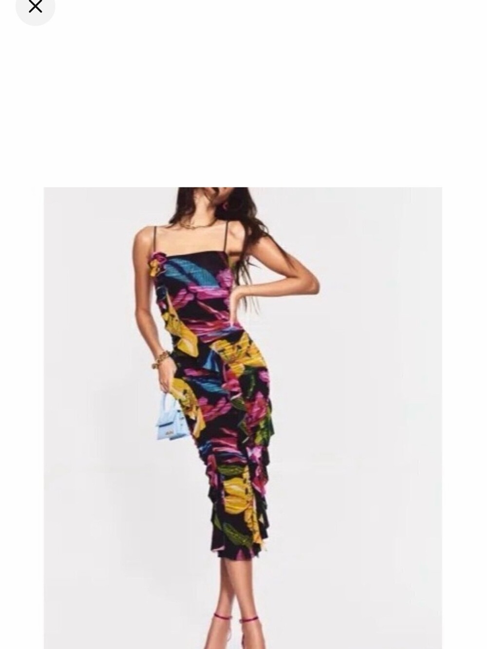 Rococo Sand Black Midi Dress with Pink Yellow Blue Tropical Print